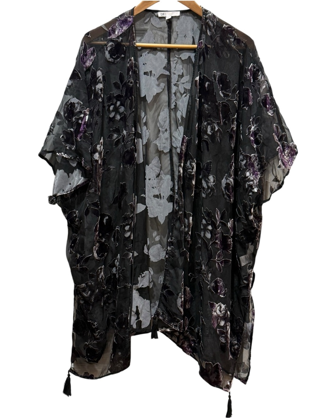DR2 Black Purple Velvet Burnout Floral Kimono XS/S Whimsigoth Duster